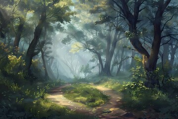 Naklejka premium Serene Misty Forest Trail