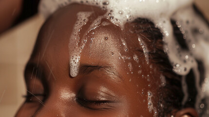 Black woman washing her hair, close-up. cosmetic shot, beauty industry advertising photo.