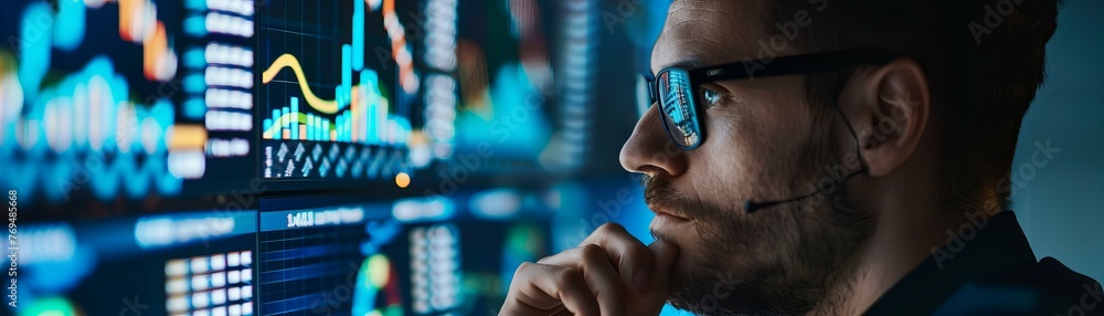 Poster stock trader analyzing financial data screens