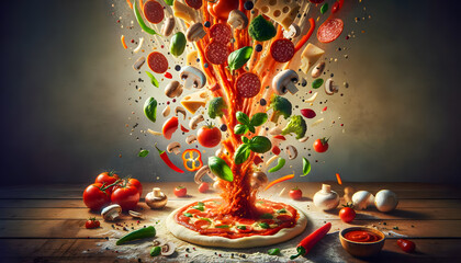 All the ingredients of a pizza are falling from above onto the dough, coming together to create a delicious.