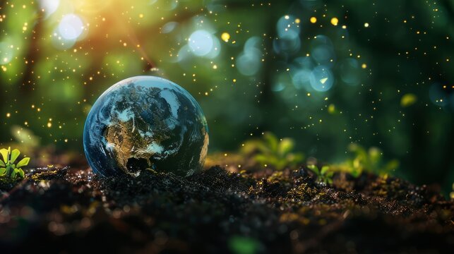 A miniature earth lying on the ground with sunlight shining on it and particles of light on the side. - Powered by Adobe