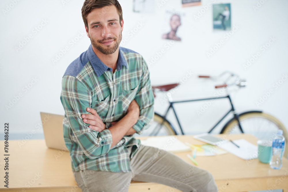 Poster creative, office and portrait of businessman with crossed arms, pride and confidence for startup com