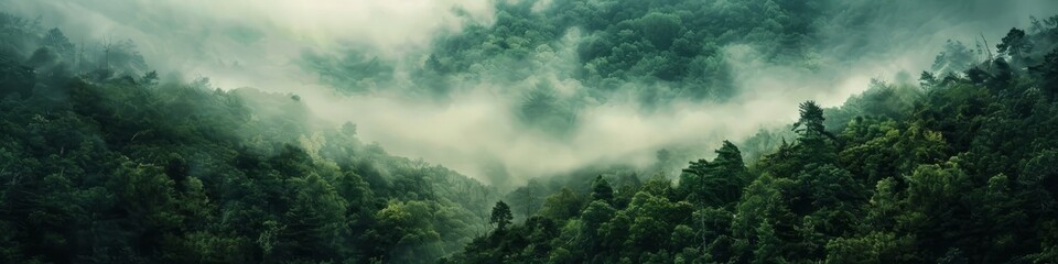 A forest filled with trees covered in fog creating a mysterious atmosphere, background, wallpaper, banner