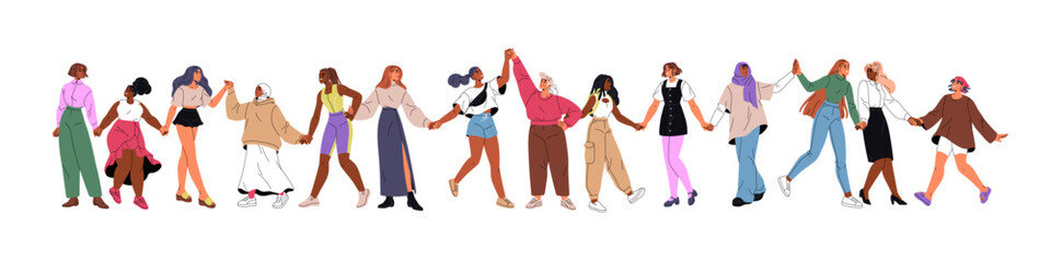Fototapeta premium Diverse woman hold hands. Row of females stands together. Strong and powerful international sisterhood. Feminism movement, girl power concepts. Flat isolated vector illustration on white background