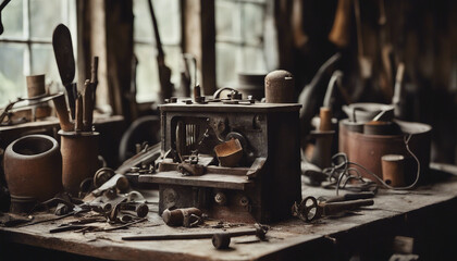 still life of a forgotten workshop. Tools have rusted and cobwebs hang heavy - obrazy, fototapety, plakaty