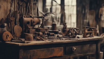 still life of a forgotten workshop. Tools have rusted and cobwebs hang heavy - obrazy, fototapety, plakaty