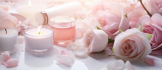 The table is decorated with pink roses, peachcolored candles, and delicate petals. A liquidfilled drinkware adds a touch of elegance to the event