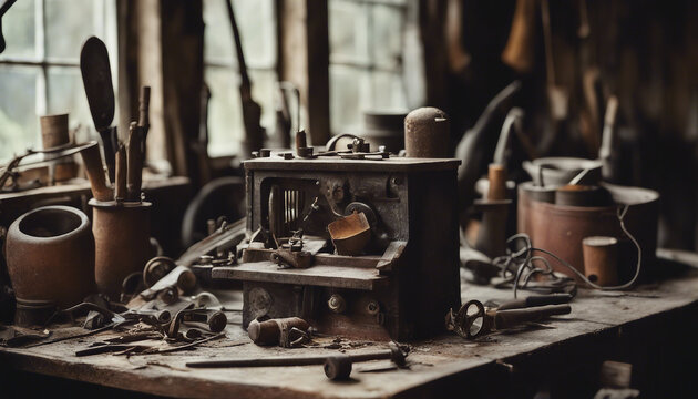 still life of a forgotten workshop. Tools have rusted and cobwebs hang heavy