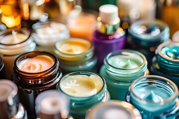 Closeup of various skincare products including creams lotions and serums in jars and bottles. Concept Skincare Products, Creams Lotions, Serums, Jars, Bottles