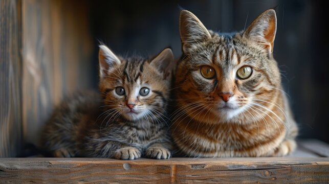 photo shoot, mother cat with kitty on a wooden floor with black background
