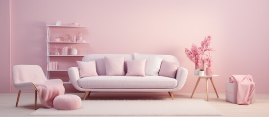 The living room features pink walls, a white couch, and a rectangular table. The interior design includes purple accents and ample lighting in a cozy studio couch setting