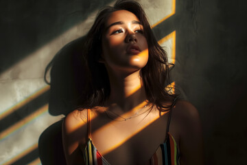 beautiful asian girl posing for beauty product fashion photoshoot in dark indoor setting with light coming through window binds