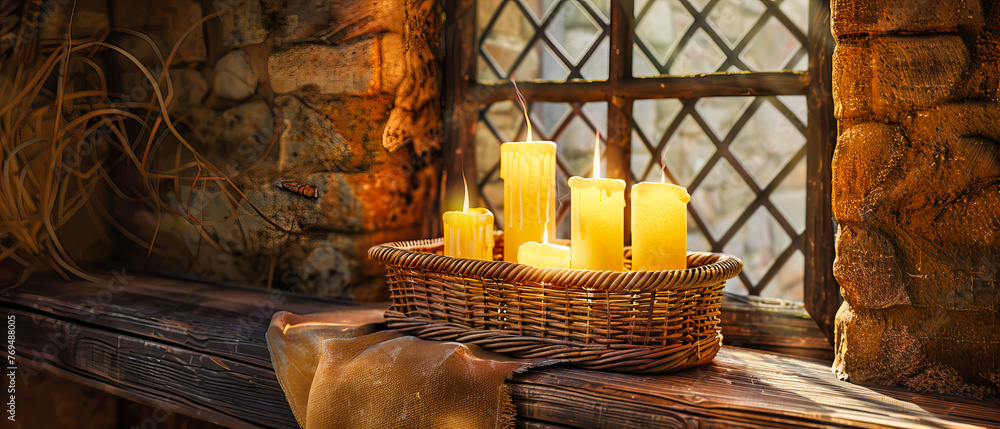 Poster ambient candlelight setting, creating a warm and intimate atmosphere for relaxation