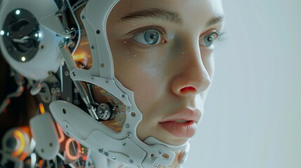 Close-up of a female robot. Concept of artificial intelligence