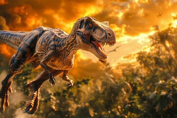 Majestic Velociraptor Dinosaur Roaming in a Mesozoic Era Landscape at Sunset Prehistoric Concept Art