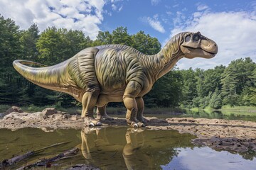 Realistic Model of a Dinosaur Standing Beside a Water Body in a Natural Park Setting with Blue Sky and Lush Greenery - Powered by Adobe