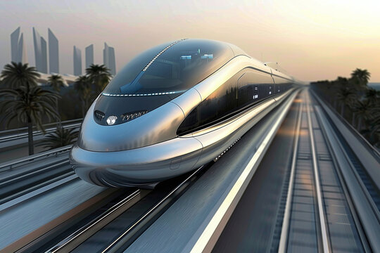 Sleek Speed, High-Fidelity Hyperloop Train Gliding on Tracks Towards the Cityscape at Dawn