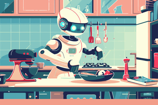 Robot cooking food at home, helper chef on kitchen future. Artificial intelligence technology robot cook, future lifestyle. Vector cartoon illustration