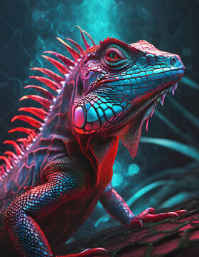 Futuristic  iguana with highlighted by neon red and blue lights on a black background. 3d rendering