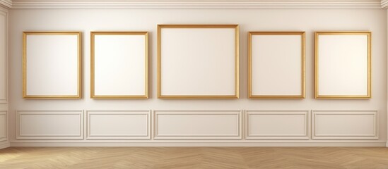 Fototapeta premium A room adorned with a multitude of wooden picture frames in various tints and shades, hanging on beige hardwood walls, creating a captivating art gallery feel