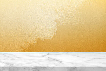 Marble table with nature shadow on fortuna gold concrete wall texture background - obrazy, fototapety, plakaty