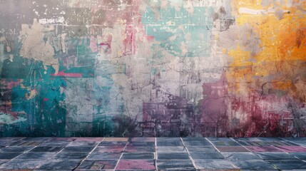 An empty room featuring a colorful wall and floor design with abstract splashes of color on stained concrete, background, wallpaper - obrazy, fototapety, plakaty