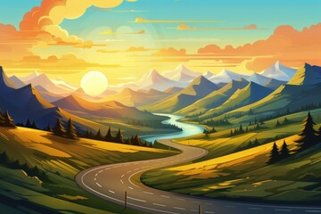 asphalt road in mountain summer landscape at sunset illustration