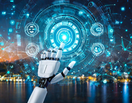 Robot finger touch AI icons hologram screen smart technology and machine learning in blue color