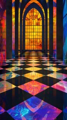 A room featuring a checkered floor and a stained glass window, background, wallpaper