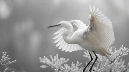 A white bird with a long beak is standing on a branch with snow on it - Powered by Adobe