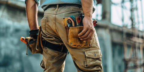 An American male worker stands slightly sideways, with tools hanging on his waist, and one finger of one hand hooked on the handle of a small bag.