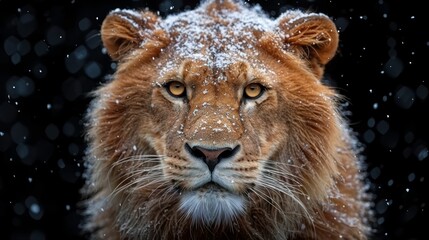 A lion with snow on its face is staring at the camera