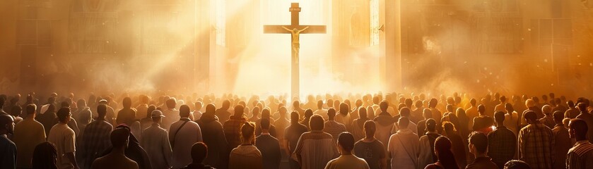 Crowd Gathered in Worship Facing the Cross - obrazy, fototapety, plakaty