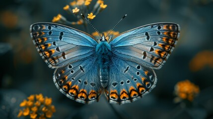 A blue butterfly with orange wings is sitting on a yellow flower