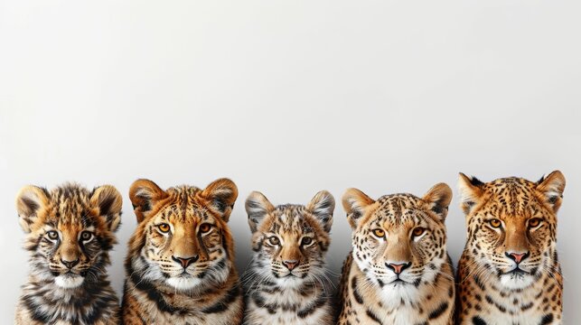 Five baby cats are standing next to each other