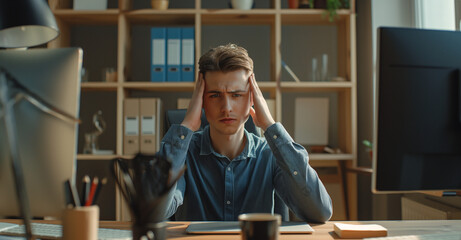 Man is sitting at the computer in the office, grimacing from headache