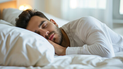 Caucasian man sleeping in bed