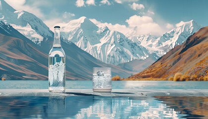 Refreshing Water Bottle and Glass in Serene Mountain