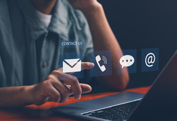 Customer contact us concept, call center hotline service. Customer's hand. Contact display with icons, email, address, message, telephone For connecting or supporting online marketing services