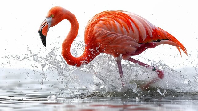A flamingo is running through the water, splashing water everywhere