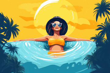 Naklejka premium summer girl relax in pool in tropical landscape illustration