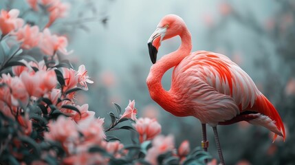 A pink flamingo stands in a field of pink flowers