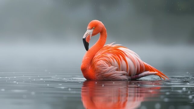 A flamingo is in the water, with its head up and looking to the right