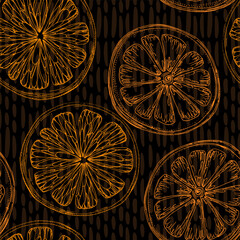 Orange seamless pattern. Hand drawn fruit background. Engraved style. Vintage citrus illustration.