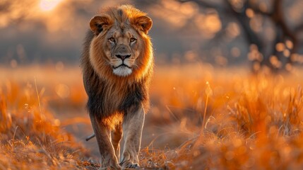 A lion is walking through a field of dry grass - obrazy, fototapety, plakaty