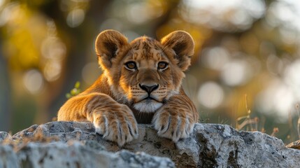 A baby lion is laying on a rock, looking at the camera