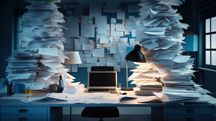  An office desk cluttered with paperwork, while a sophisticated AI document management system...