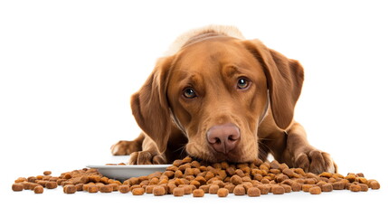 brown labrador lies down with its chin resting on the ground, eyes focused on a bowl of kibble - obrazy, fototapety, plakaty
