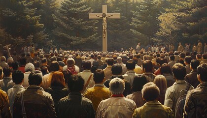 Crowd Gathered in Worship Facing the Cross