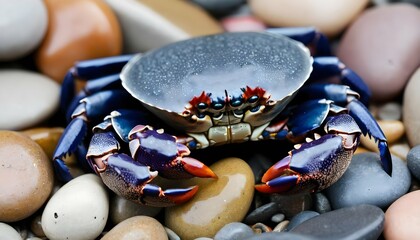 A Crab Blending Into A Bed Of Pebbles - obrazy, fototapety, plakaty